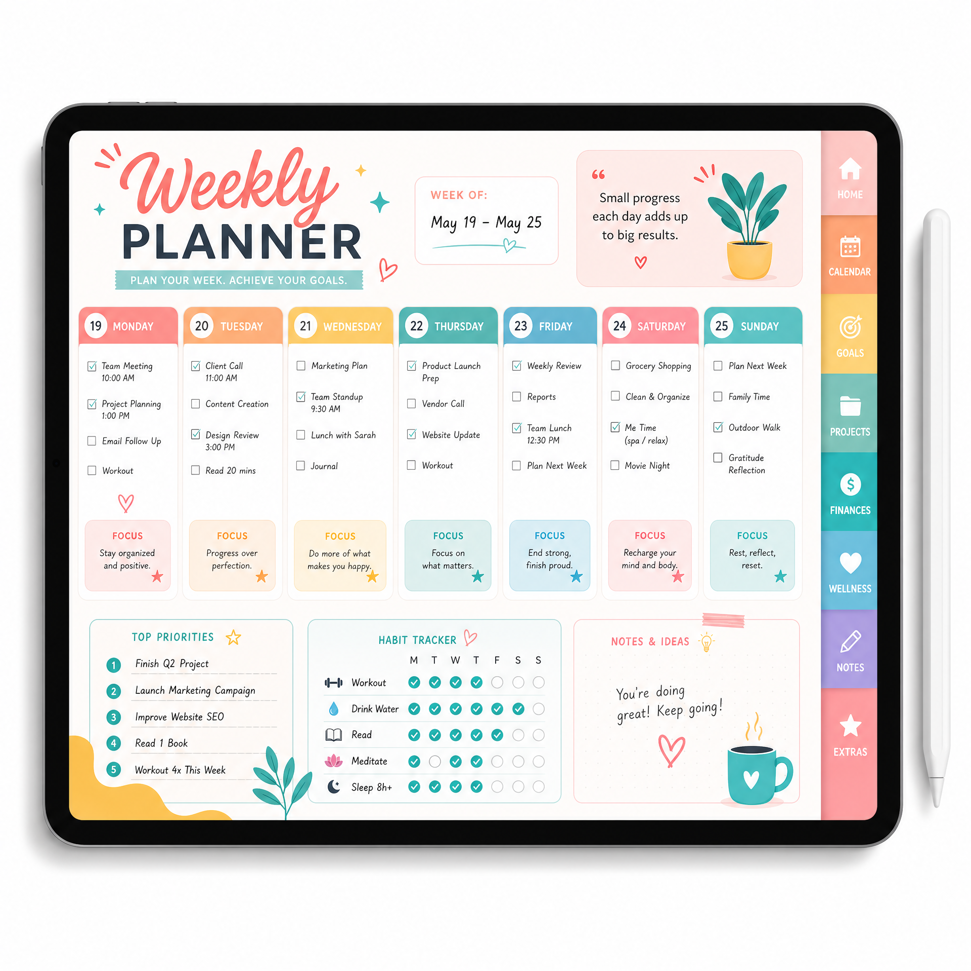 Digital Weekly Planner Template - Colorful Productivity Planner for iPad and Tablets